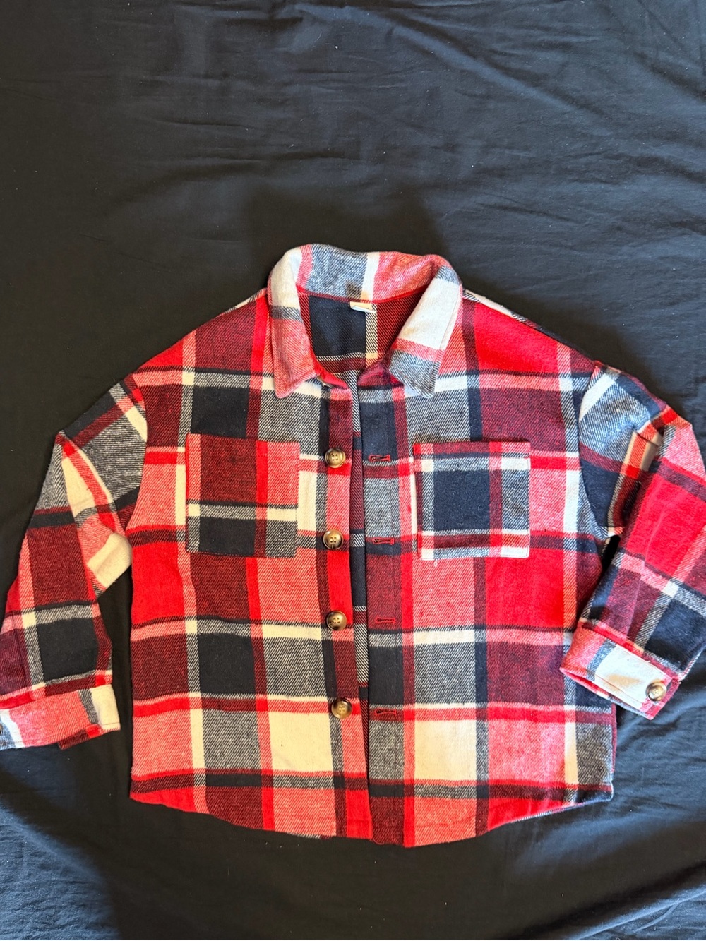SHEIN Red Navy Cream Plaid Button-Front Boys Shirt Jacket